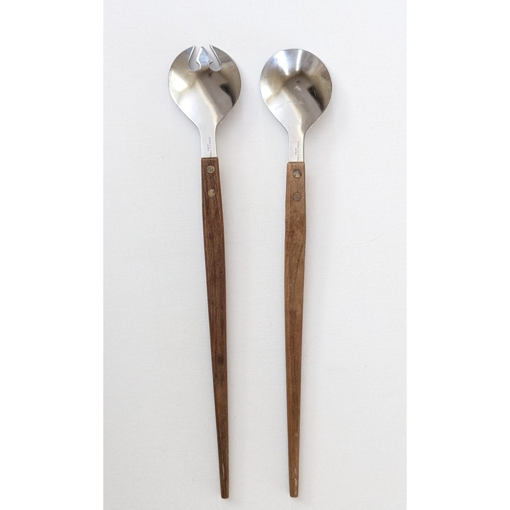Vintage MCM Stainless Steel Wood Handle Salad Tongs Serving Fork Spoon Japan - Picture 4 of 7
